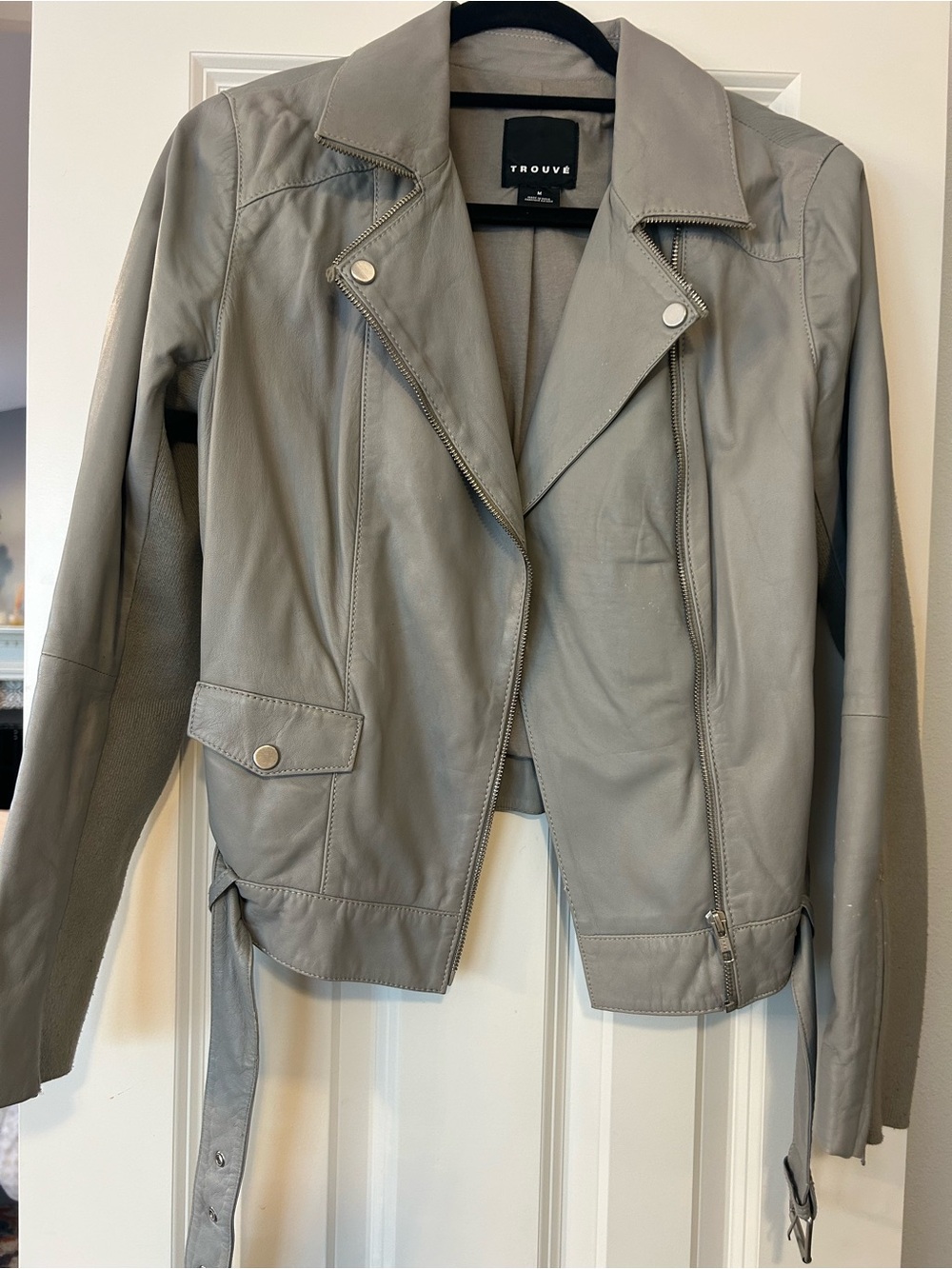 Trouve Gray Leather Moto Jacket with Belt